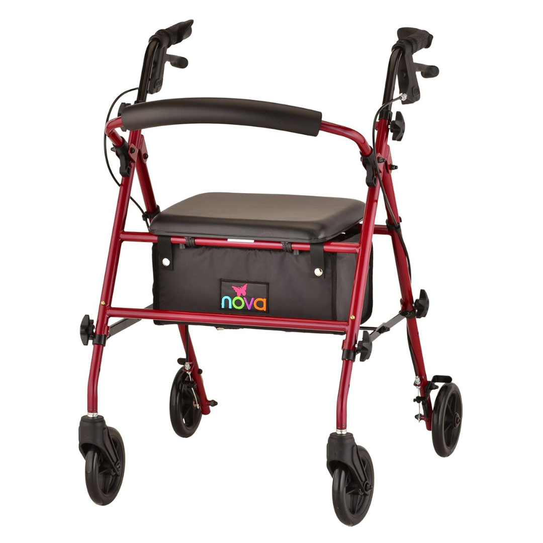 Meet the Nova Medical Journey Steel Lightweight Folding Rollator: a vibrant red walker with four black wheels, dual height settings, a steel frame, cushioned seat, and convenient storage pouch. Equipped with ergonomic handlebars and brakes, its logo is proudly displayed on the pouch.